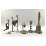 ASSORTED BRASS CANDLESTICKS, WATCH HOLDER, BELL
