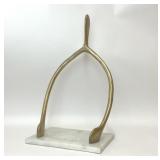 LARGE BRASS WISHBONE SCULPTURE ON MARBLE BASE