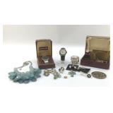 ASSORTED COSTUME JEWELRY, BRASS BELT BUCKLES