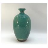 RAKU FIRED TURQUOISE POTTERY CRACKLE VASE