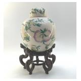 ASIAN PLUM JARDINIERE ON WOOD BASE