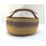 HUGE WOVEN BOLGA BASKET WITH LEATHER HANDLE