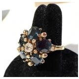 LADIES 14 K YELLOW, GOLD SAPPHIRE, DIAMOND RING