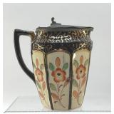 1820 GAUDY WELSH POTTERY PITCHER, PEWTER LID