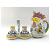 ITALIAN POTTERY ROOSTER PITCHER, SALT, PEPPER