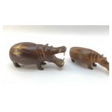 2 HAND CARVED WOODEN HIPPOS