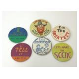6 VTG PINBACK BUTTONS NOVELTY PINS