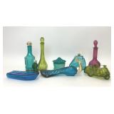9 ASSORTED COLORFUL GLASS AVON BOTTLES