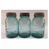 3 BLUE PERFECT MASON BALL JARS