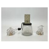 VTG NUT GRINDER, GLASS DOLPHIN SALT PEPPER SHAKERS