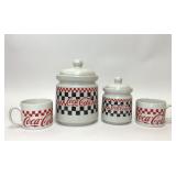 2 GIBSON COCA-COLA CANISTERS & 2 MUGS
