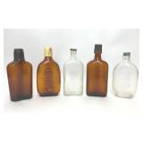 5 VTG GLASS FLASK BOTTLES BROWN CLEAR