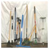 LOT ASSORTED YARD TOOLS RAKES SHOVELS