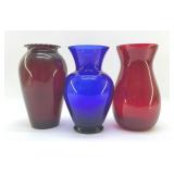 RUBY AND COBALT VASE TRIO