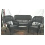 BLACK RESIN WICKER LOVESEAT ARMCHAIR TABLE SET