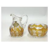 VTG YELLOW HAND ETCHED CRYSTAL SUGER CREAMER SET