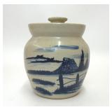VTG PAUL STORIE POTTERY LIDDED CROCK BLUE BARN