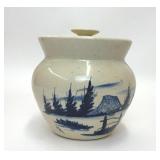 VTG PAUL STORIE POTTERY LIDDED CROCK BLUE BARN