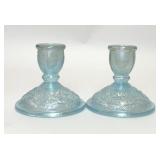 2 IMPERIAL GLASS BLUE LUSTRE ROSE CANDLE HOLDERS