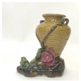 MAJOLICA STYLE CERAMIC FROG BASKET WEAVE VASE