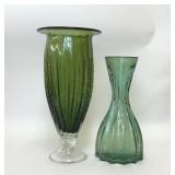 2 TALL GREEN GLASS VASES
