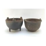 2 SMALL CAST-IRON POTS, UNSIGNED