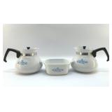 CORNING CASSEROLE, 2 COFFEE CARAFES