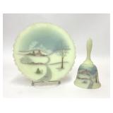 1980 FENTON CUSTARD GLASS WINTER PLATE & BELL