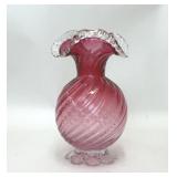 VTG ROSSI HANDBLOWN GLASS CRANBERRY SWIRL VASE