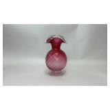 VTG ROSSI HANDBLOWN GLASS CRANBERRY SWIRL VASE