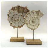 PAIR OF WOODEN SEASHELL DECORATOR ITEMS
