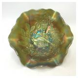 VTG Peacock & Urn Green Carnival Glass Bowl