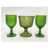 2 GREEN GLASS GOBLETS & PEDESTAL COMPOTE