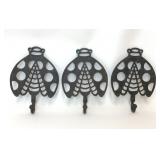 3 CAST IRON LADYBUG SHAPED WALL HOOKS