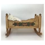 LARGE VTG HAND PAINTED WOODEN DOLL CRADLE