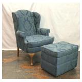 BLUE DAMASK MAHOGANY WING BACK CHAIR OTTOMAN