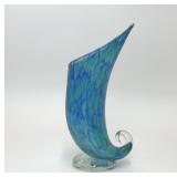LEWIS OLSEN 2004 BLUE WAVE HORN ART GLASS VASE