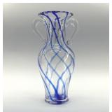 ART GLASS BLUE SWIRL DOUBLE HANDLE VASE