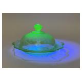 VTG GREEN URANIUM GLASS ROUND COVERED BUTTER DISH