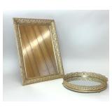 GOLD TONE FILIGREE MIRROR & MIRRORED VANITY TRAY