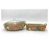 VTG FIRE KING CASSEROLE & LOAF PAN RAFFIA CARRIERS
