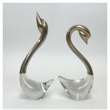 PAIR MCM CLEAR ART GLASS METAL SWAN FIGURINES