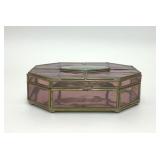 VTG PINK GLASS BRASS OCTAGON JEWELRY BOX