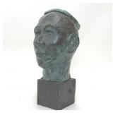 CERAMIC HUMAN HEAD BUST SCULPTURE ON WOOD BASE