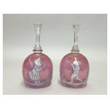 PAIR VTG ENAMEL PAINTED CRANBERRY GLASS HAND BELLS