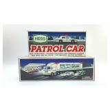 2 SEALED HESS TRUCKS, RACERS, PATROL CAR