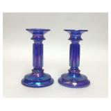 VTG FENTON COBALT BLUE CARNIVAL GLASS CANDLESTICKS
