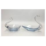 2 BLUE CLEAR GLASS OPEN SWAN CANDY TRINKET DISHES