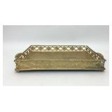 GOLD COLORED METAL FLORAL RIMMED HANDLED TRAY