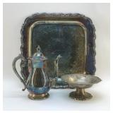SILVERPLATE TRAY, TEA POT, COMPOTE